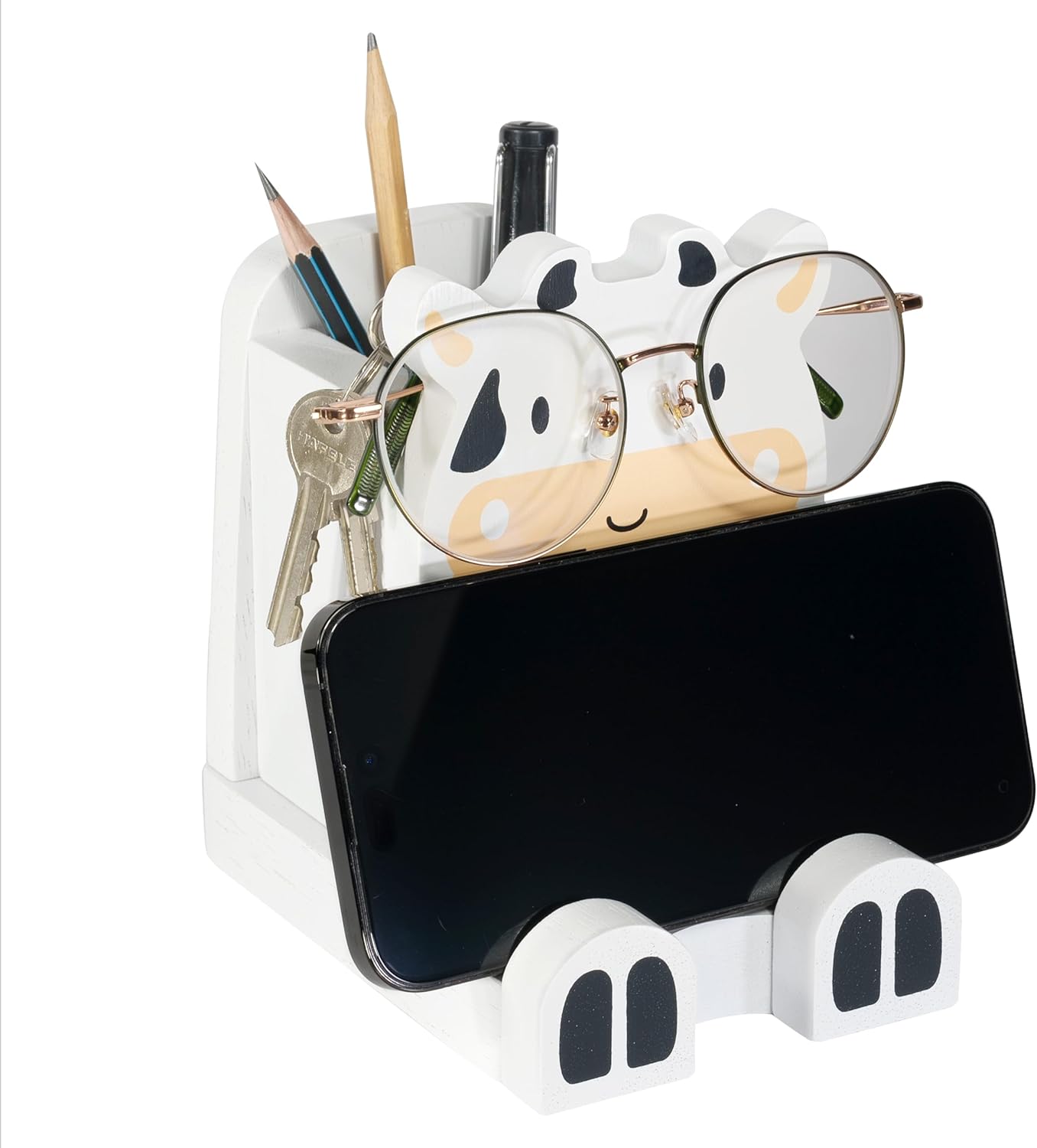 I'm Solid Wood Multipurpose Eyeglass Phone Pen & Pencil Holder Stand Stationery Desk Box Organizer Accessories Decor, Cute Farm Animal for Home Office Desktop Decor Birthday Graduation Gifts (Cow)
