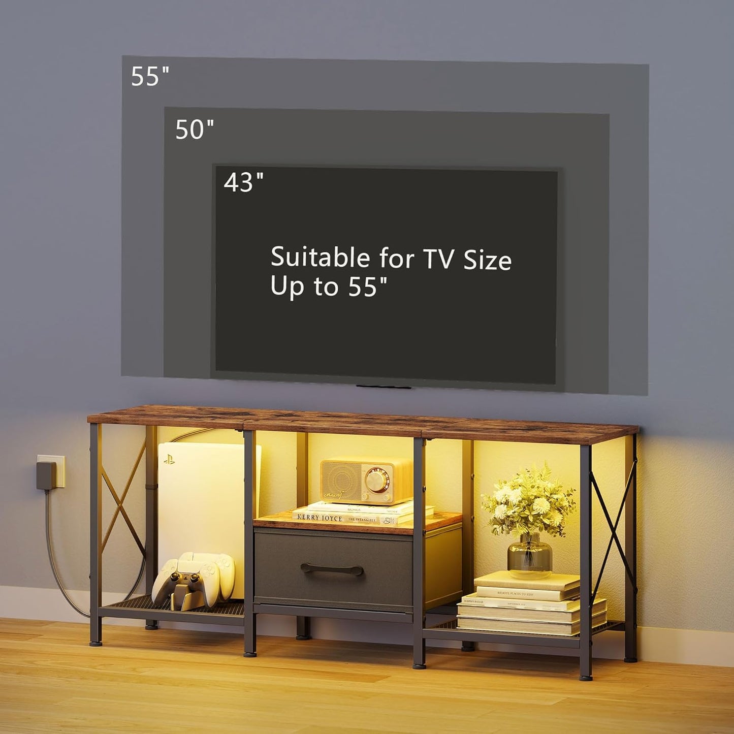 LED TV Stand with Fabric Drawer, Entertainment Center for 50 55 Inch TV, Industrial TV Console Table with Open Storage Shelves for Living Room, Bedroom, Rustic Brown