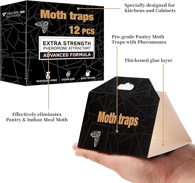 Upgraded Moth Traps, 12Pack Double Potent Pantry & Clothes Traps with Pheromones Prime, No Toxic & Odorless Meal Moth Trap, Organic Sticky Moths Balls Repellent with Lure for Closet, Kitchens
