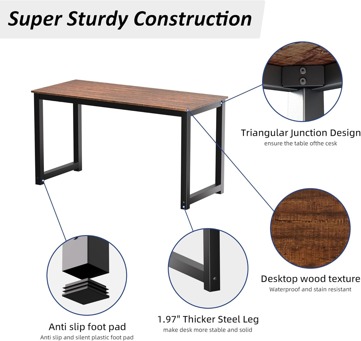 Decoholic 55 Inch Computer Desk, Home & Office PC Laptop Study Writing Table Workstation with Leg Bars, Modern Simple Industrial Style, Rustic Brown