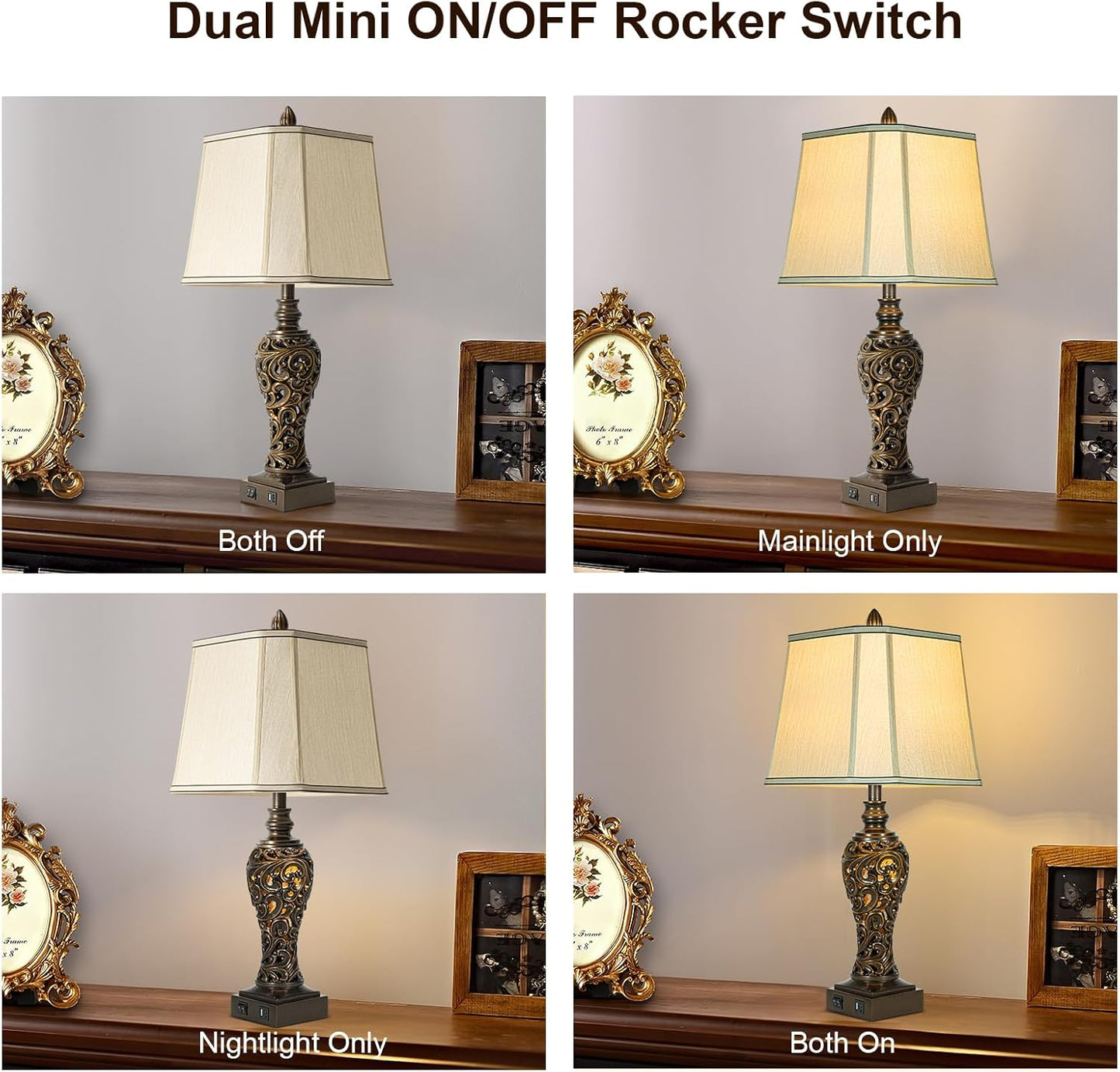 28.5" high Vintage Brown Table Lamps Set of 2 - Bedside Lamp with Faux Silk Shades - for Bedroom and Living Room with USB and Nightlight - Perfect for Nightstands and Bedrooms (Bulb Included)