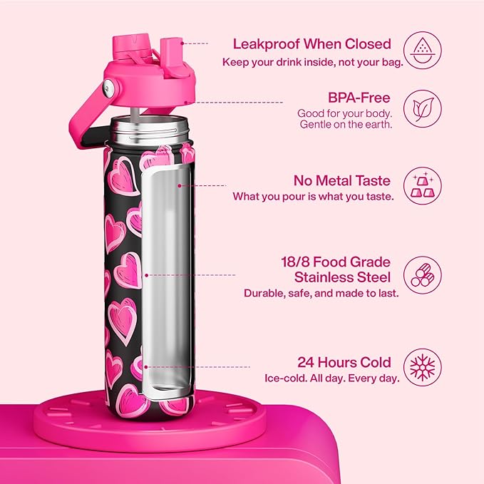 ENCOOL Valentine's Day Insulated Water Bottle with Straw Stainless Steel Water Bottle, Leak-Proof, BPA-Free, Keeps Cold for 24 Hours for Sports, Travel, School (26 oz, Sketch Hearts Pink x Black)