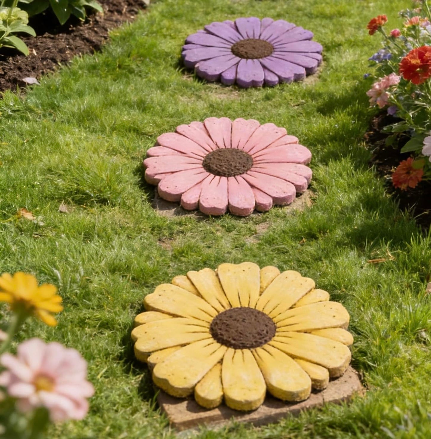 Landoraloria Cement Flower Stepping Stone 10” Daisy Garden Path Stone for Yard & Walkway Handcrafted Non-Slip Outdoor Patio Decor Weather-Resistant Cement Stone (Pink)