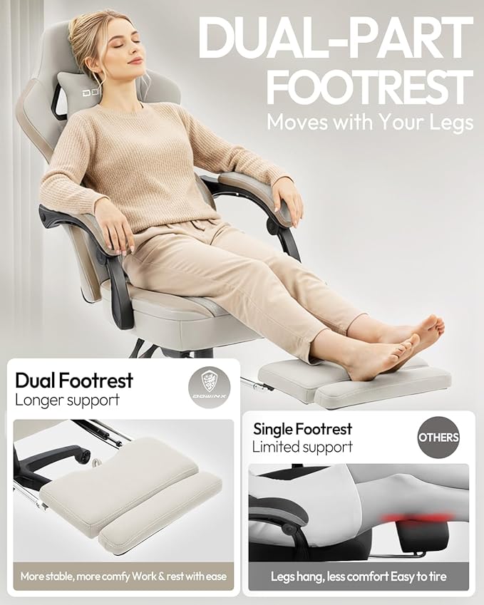 Dowinx Gaming Chair with Footrest, Breathable Fabric Gamer Chair with Gel Pad and Storage Bag, Ergonomic Office Chair with Lumbar Support for Home Task, Beige
