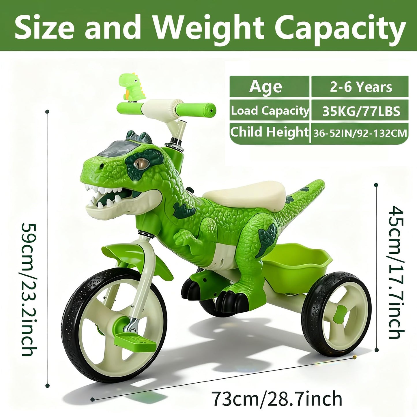 NMM Dinosaur Tricycle for Toddlers, Kids Trike with Music, LED, Tricycles for 3-5 Year Olds, for Rider, Big Wheel, Storage Basket, Horn, Toddler Bike for Boy, Dinosaur Toys for Kids 2-4 4-7