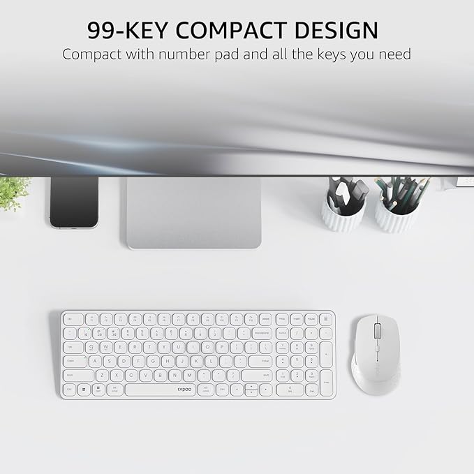 Rapoo Wireless Keyboard and Mouse Combo, Blade-Series E9310M 99-Key Ultra-Thin Keyboard and M300G Silent Mouse, Support 4 Devices, Quiet, Compact, Battery Powered, for Windows/Mac/Linux/Chrome