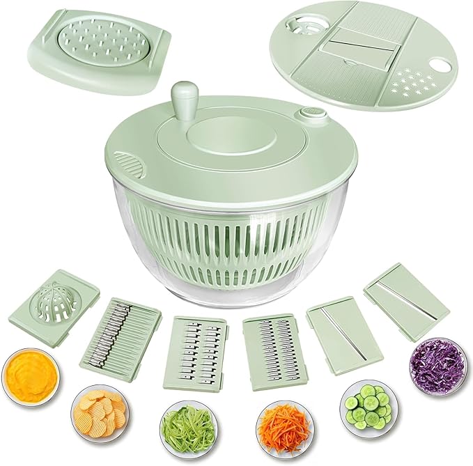 Salad Spinner Large-5.3 Qt Vegetables Fruits Wash Spinner Bowl,Lettuce Spinner Dryer with 5 Blades,Egg Yolk Strainer Slicer Shredder for Kitchen Colander,Pasta and Fries Spinner-Green