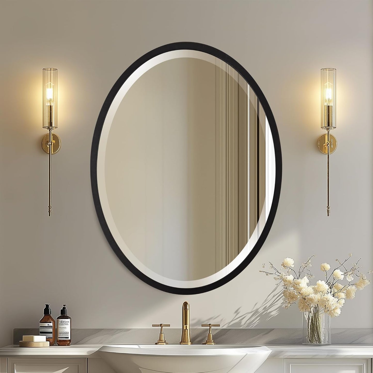 OVALCREST - Oval Wooden Beveled Wall Mirror for Home Decor, Bathroom, Vanity, Bedroom, Living Room, Hallway - London Style (Matte Black) 23.1 x 29.1