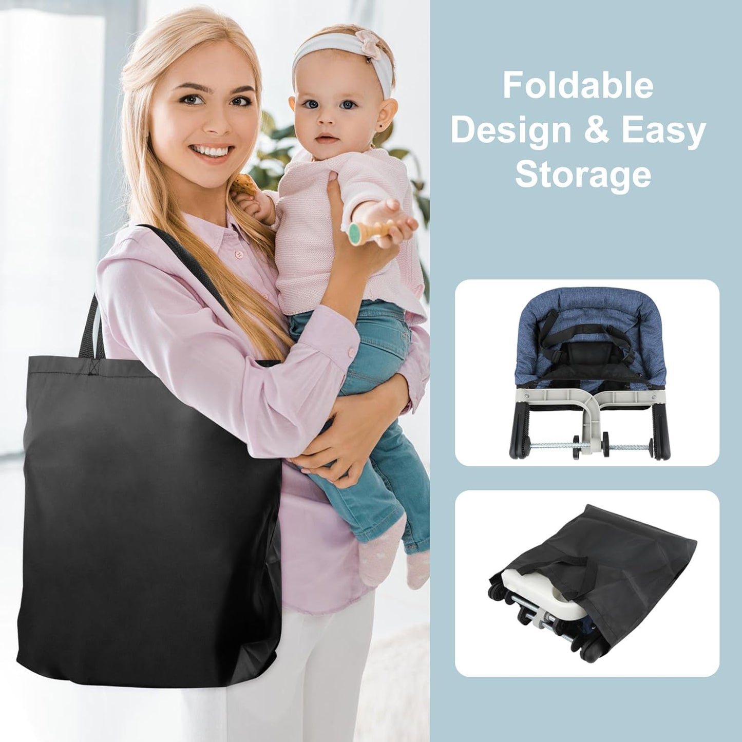Hook On High Chair, Jozzve Clip on High Chair with Removable Dining Tray for Babies and Toddlers, Fold-Flat Storage Portable Baby Feeding Seat, Attach to Fast Table Chair for Home Travel (Navy)
