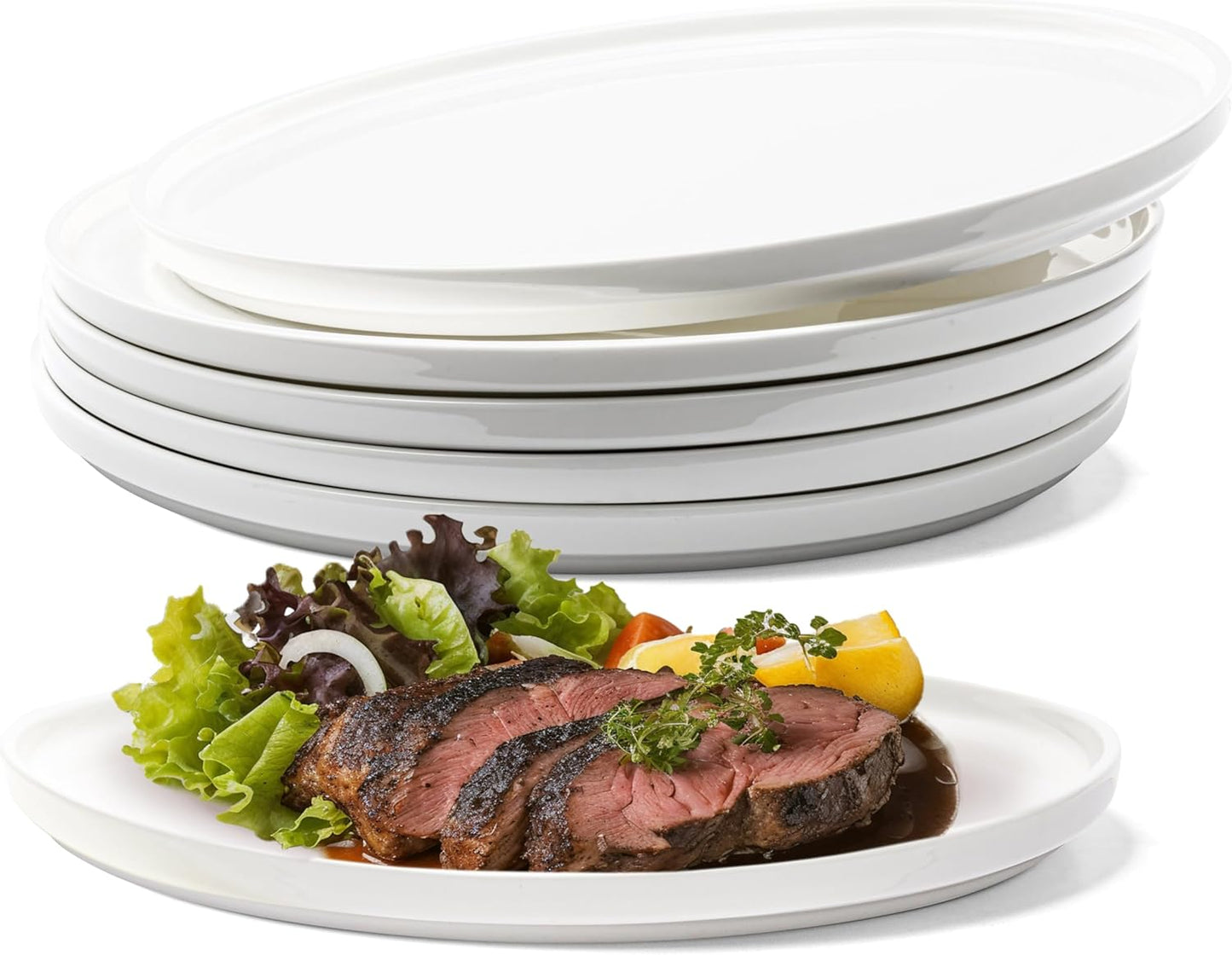 Vikko Dinner Plate, Set of 6 White Plates, Elegant Bone China with Raised Rim, Stackable 10 Inch Dinner Plates, Dishwasher Safe