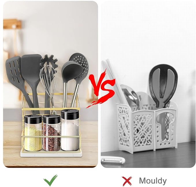 Utensil Holder for Kitchen Counter, Metal Utensil Holder Rack for Salt and Pepper Shakers for Kitchen Countertop, Cooking Tools Storage for Spatula, Large Utensil Organizer with Marble Base