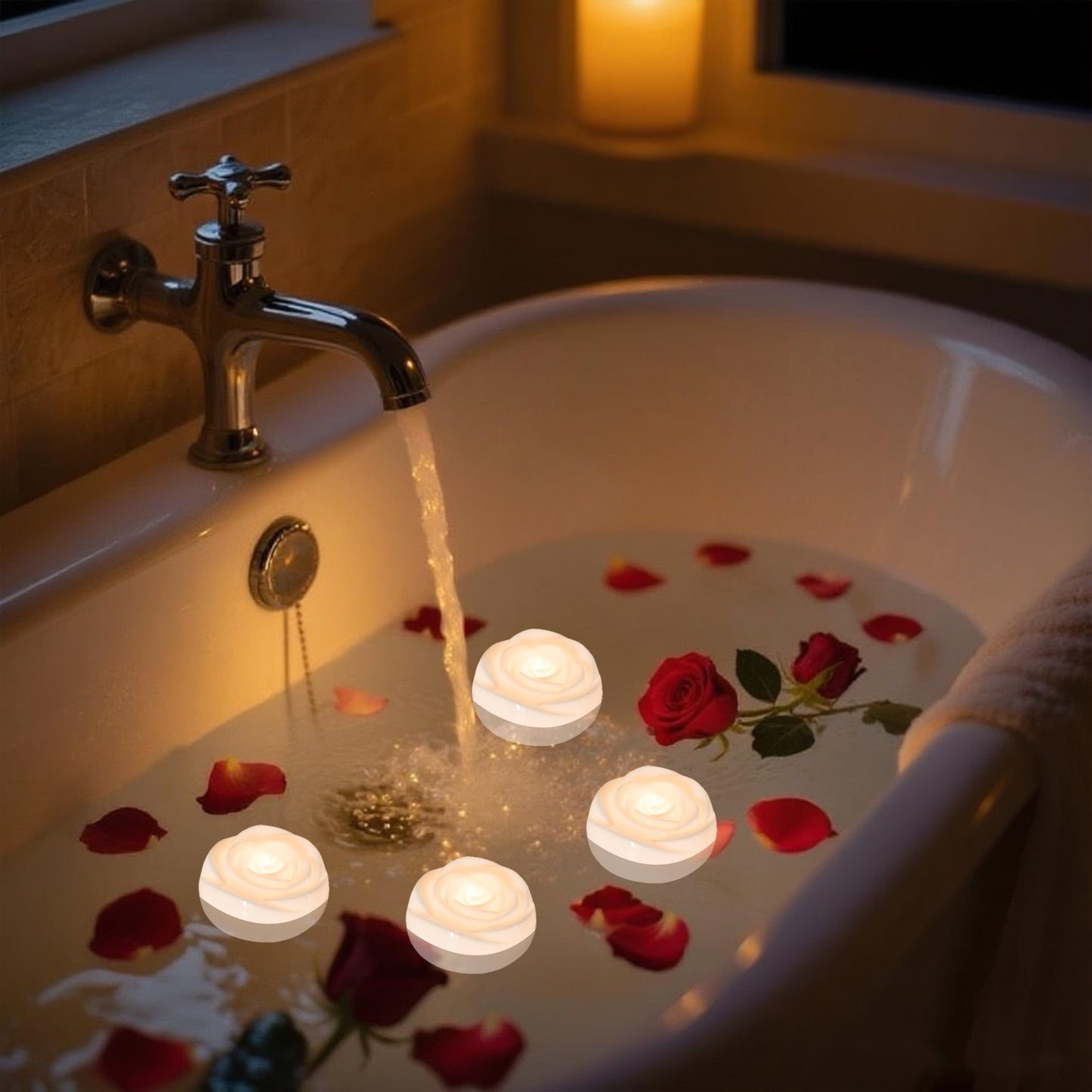 Aignis 24Pcs Flameless Led Floating Candles, White Rose Plastic Tealight Battery Operated, 120+ Hours Glow Time, Cozy Light For