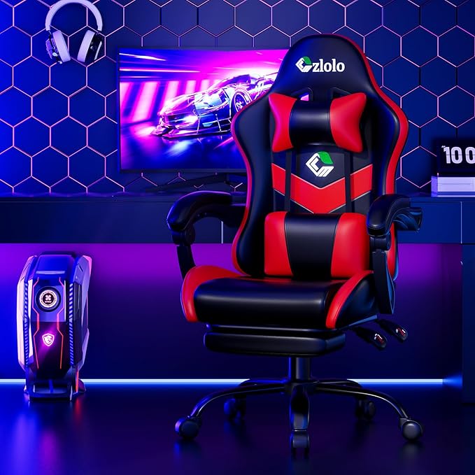 Gaming Chair with Footrest Racing Style Lumbar Support Massager Video Game Chair with Metal Legs, High Back Gamer Chair with Headrest, 360° Swivel Office Computer Desk Chair, Bright Red