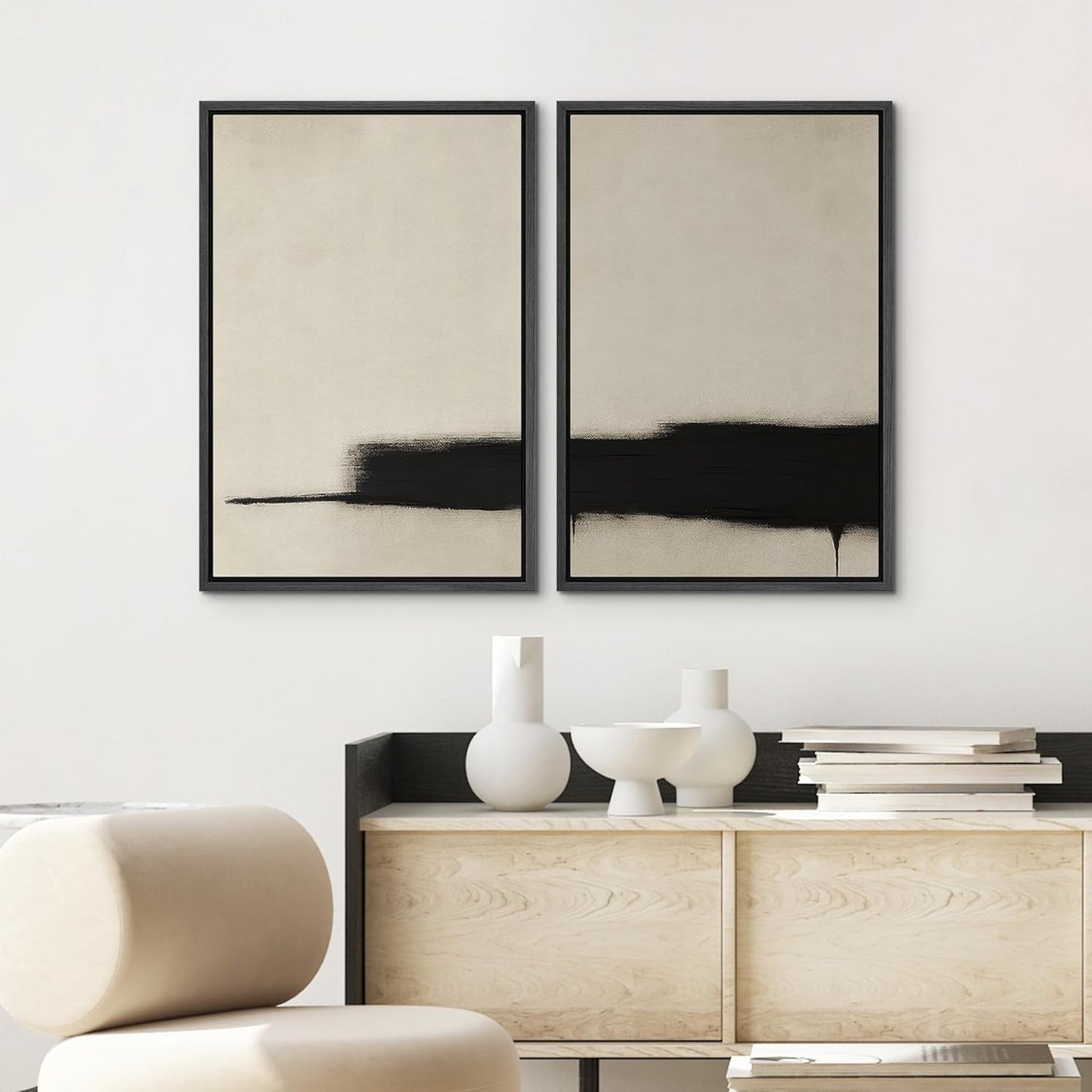 SIGNWIN Framed Wall Art Print Set Minimalist Black Brushstroke Abstract Neutral Beige and Black Illustrations Modern Art Rustic Relax/Calm for Living Room, Bedroom, Office - 16"x24"x2 BLACK