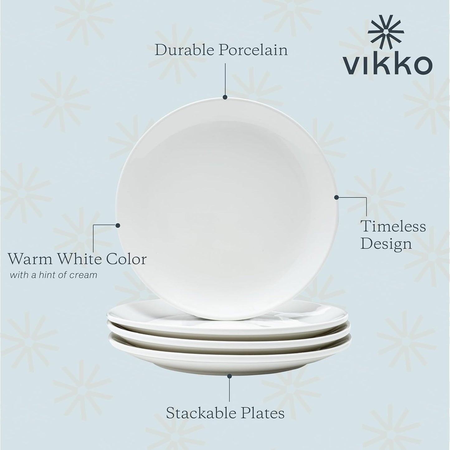 Vikko Dinner Plate, Set of 6 White Plates, Ceramic Dinner Plates Set, Stackable 10 Inch Dinner Plates for Every Day and Special Occasion, Restaurant Style, Dishwasher Safe, Microwave Safe