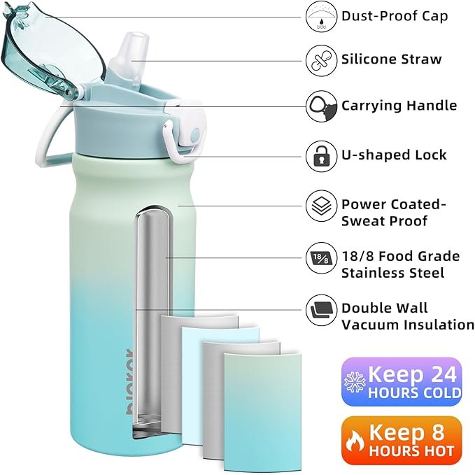 BJPKPK Insulated Water Bottle 18oz Stainless Steel Water Bottles with Straw and Carry Handle Double Wall Metal Thermal Flask,Mint