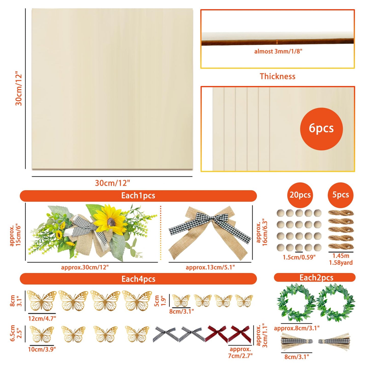 SNAIL GARDEN 6PCS Plywood Sheets with 37PCS DIY Wreath Making Kit, 12"x12" Craft Wood for Laser Cutting & Engraving, Includes Hemp Rope, Wood Beads, Bows for Home Decor Craft