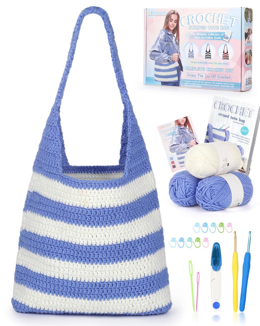 Katech Crochet Kit for Beginners, Striped Tote Bag Crochets Set Includes Yarn Crochet Hooks, Complete Crochets Step-by-Step Guide Needles Accessories Adults Crocheted Starter Kit Crocheter Gift