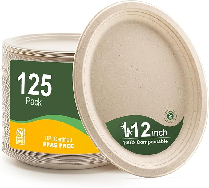 100% Compostable Oval Paper Plates 12 Inch, 125-Pack Large Heavy Duty Paper Plates Bulk,Biodegradable Bagasse,Eco-Friendly Disposable Dinner Plate for BBQ,Picnic,Party (BPI Certified,Microwaveable)