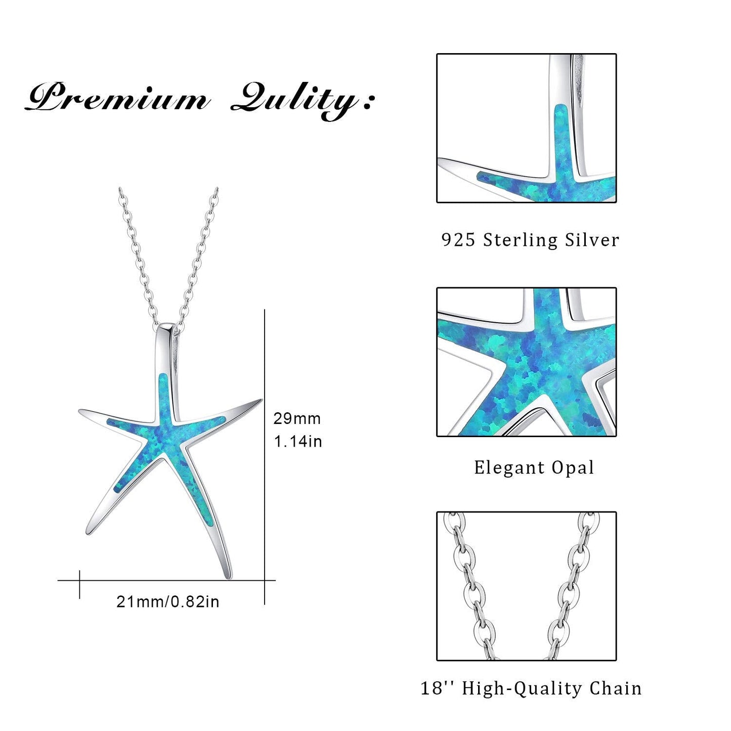 Cuoka Starfish Necklace, 925 Sterling Silver with Blue Opal, Hawaiian Beach Nautical Ocean Pendant, Starfish Jewelry Opal Jewelry for Women Girlfriend