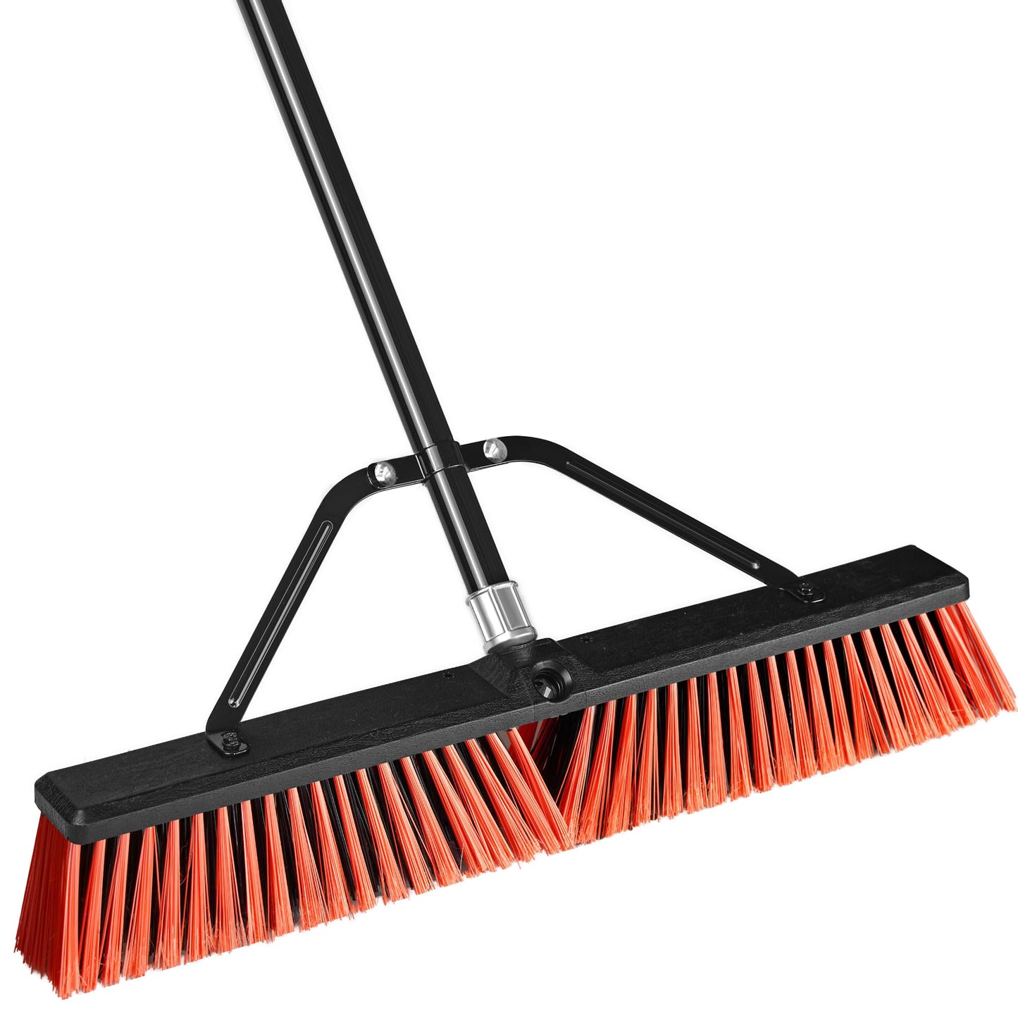 JEHONN 24” Wide Push Broom Outdoor Heavy Duty with 63 inches Long Handle, Stiff Bristle Commercial Industrial Brush for Garage Warehouse Shop Garden Patio Deck Yard Street (Red)