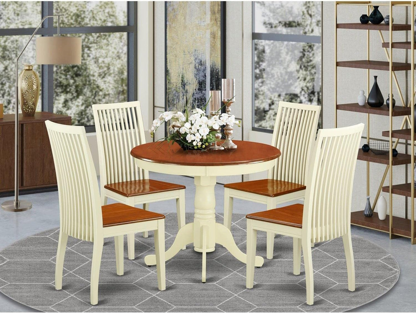 East West Furniture ANIP5-BMK-W 5 Piece Dining Table Set for 4 Includes a Round Kitchen Table with Pedestal and 4 Dining Room Chairs, 36x36 Inch, Buttermilk & Cherry