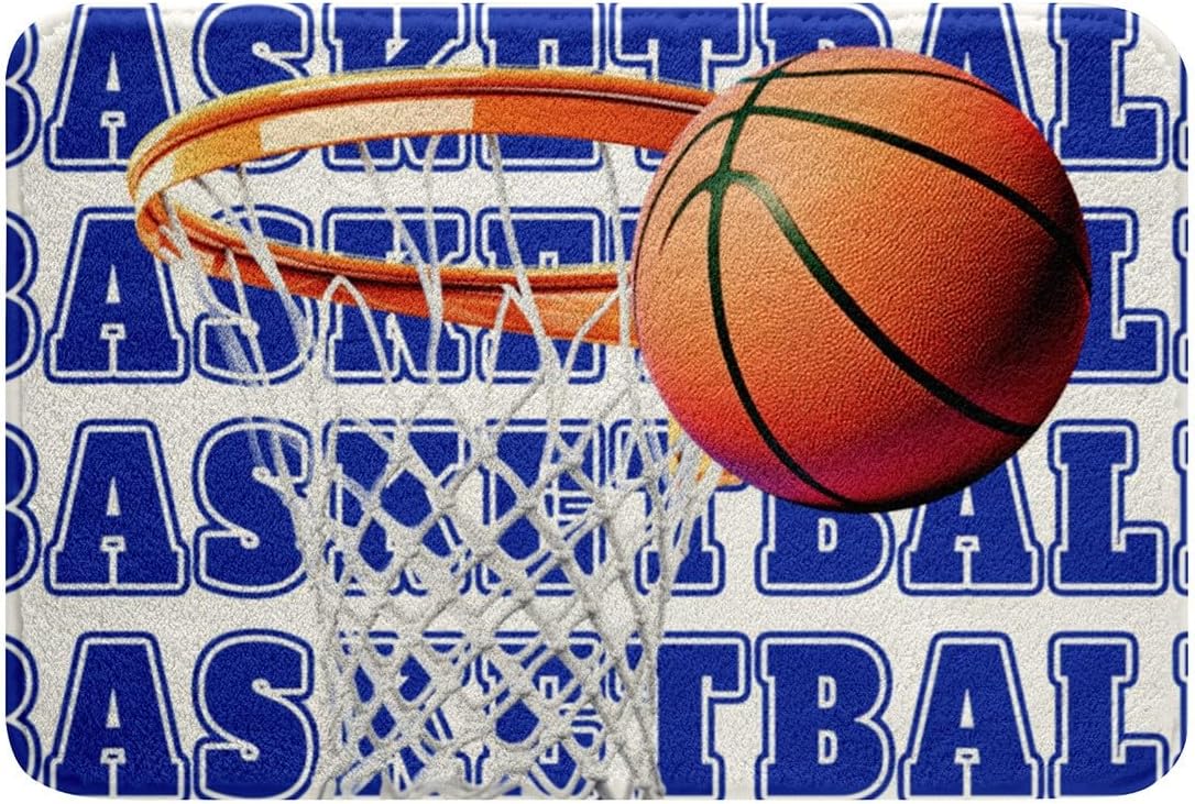 Feelyou Basketball Polyester Bath Rug Blue White Soft Fleece Door Carpet for Kids Boys Girls Orange Basketball Print Non Slip Bath Mat Ball Game Bathroom Floor Indoor Doormat,20x32 Inch