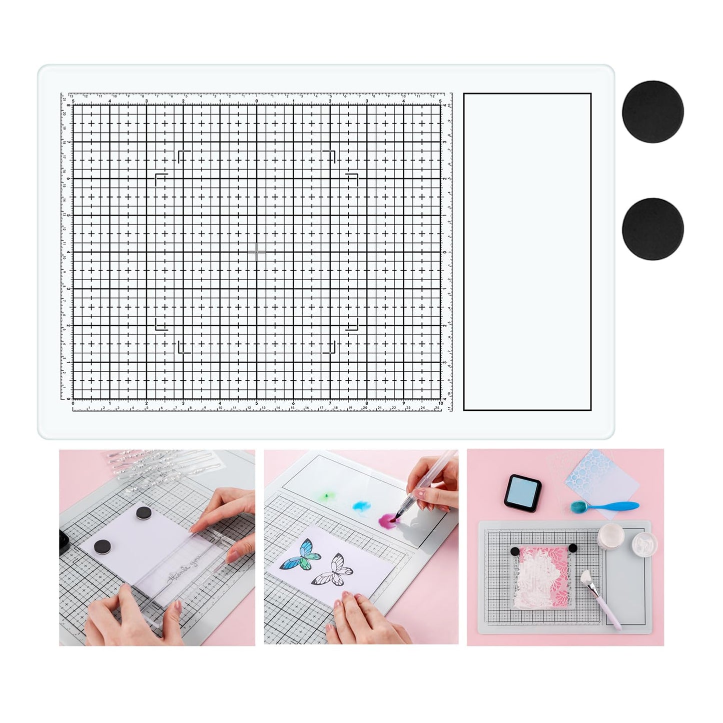 BAOFALI Magnetic Glass Craft Mat; 15.75"x10.24"Heat Resistant Glass Media Cutting Mat W/MagnetsGridlines and Measurements; for Cutting, Stamping, Mixed Media, Heat Embossing and Hot Glue Projects