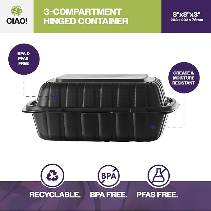 CIAO! 8"x8"X3" MFPP Black Hinged Container With Lid 3 Compartment (Case of 200)