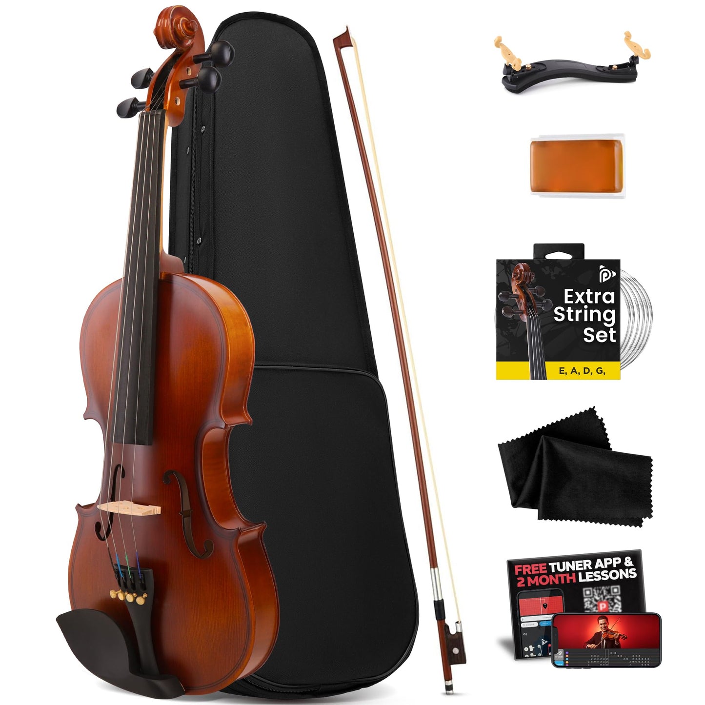 Pyle 1/4 Size Beginner Violin Starter Kit, Violin Starter Package with Travel Case & Bow, Extra Strings, Digital Tuner, Shoulder