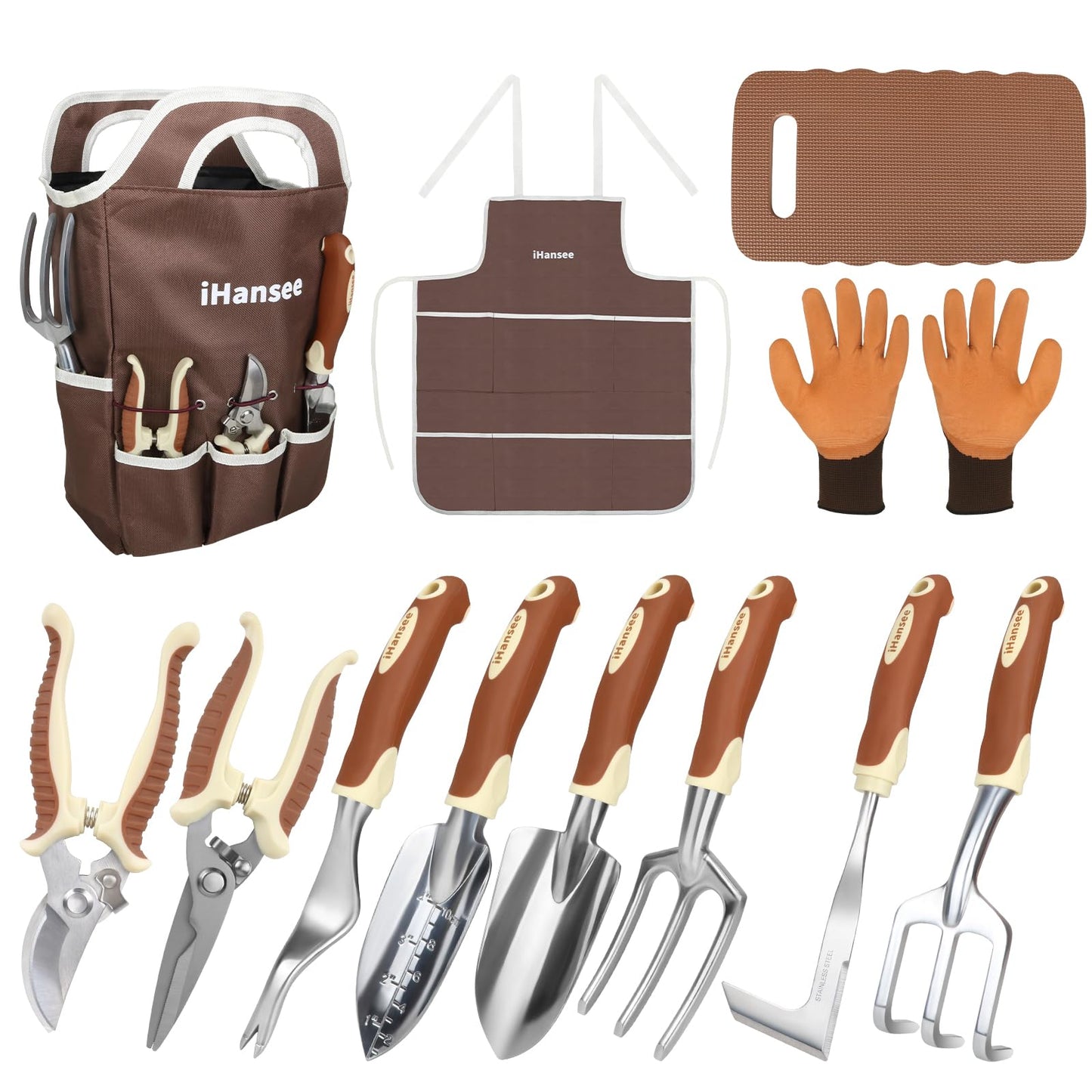 Brown Gardening Tools Set 12-Piece, Garden Hand Tool Kit with Non-Slip Ergonomic Handle, Storage Tote Bag, Garden Apron, Gloves and Kneeling Pad, Gardening Gifts for Women Men Plant Lover