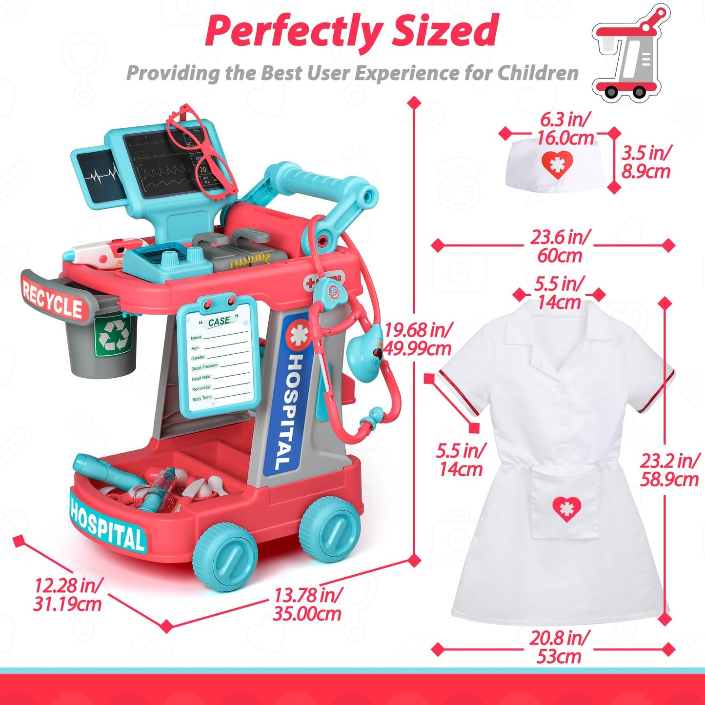 Liberry Doctor Kit for Toddlers Ages 2 3 4 5, Pretend Kids Doctor Playset with Cart, Costume and Stethoscope, Role Play Medical Toys Birthday Gift for Girls Boys (Red)