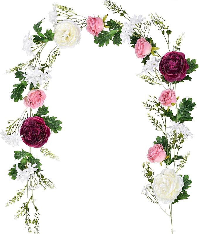 2 Pack Artificial Peony Garland - 6ft Silk Flower Vine Purple and White Roses for Wedding Arch Party Table Decor