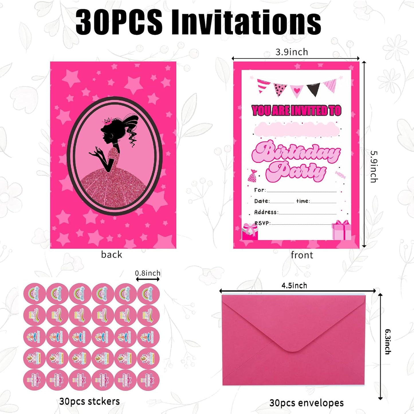 30 Pack Birthday Invitations Girl, Hot Pink Party Invitations for Girls with Envelopes and Sticker, Birthday Invites for Girls,Cute Birthday Party Invitations Cards for Kids, Party Decorations Supplies for Baby Shower Birthday Party