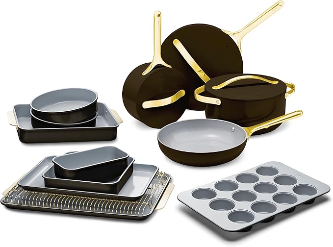 Caraway 23-Piece Nonstick Ceramic Cookware & Bakeware Set – Pots, Frying Pans, Lids, Baking Sheets, Pans, Cooling Rack & Storage – Oven Safe, Non-Toxic – Compatible with All Stovetops - Black