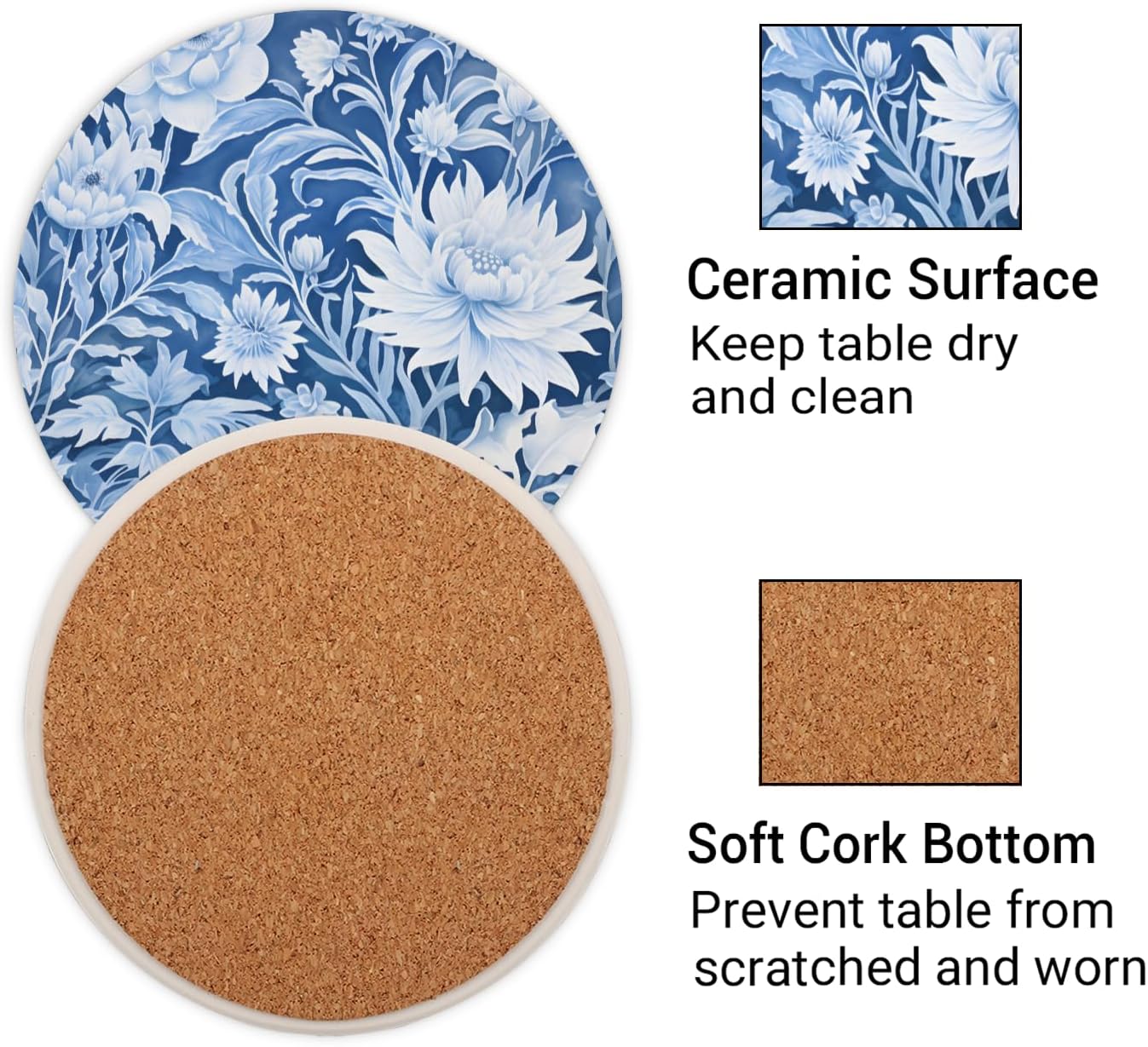 Ceramic Coasters for Drinks with Cork Back, Cyan White Floral 4 Inch Absorbent Coaster Set 2 Pack, Quick Dry Non-Slip Coaster Mats for Home, Office, Bar