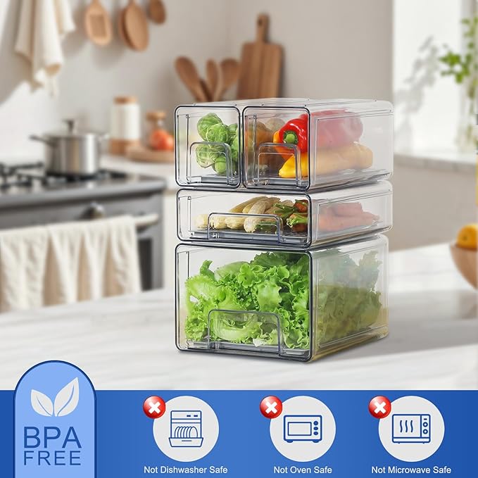 Plastic Clear Fridge Storage Organizer with Drawers & Drainer - Stackable Bins for Kitchen Fruit & Veggie Organization (2PCS, Large)