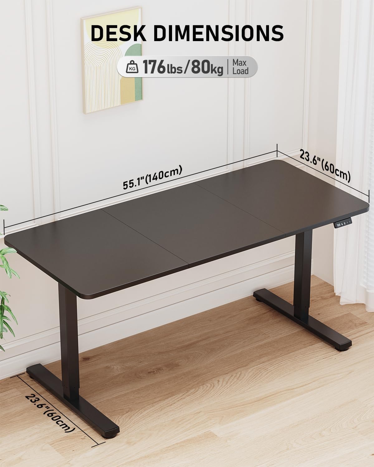 Standing Desk, Large Height Adjustable Electric Stand up Desk, 55 x 24 Inches Sit Stand Home Office Desk, with Splice Board, Black Frame/Black Top