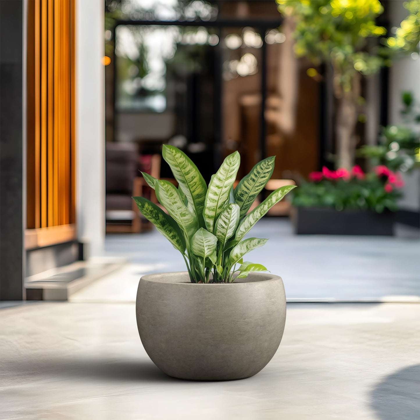 Kante 15.7-Inch Dia Round Concrete Planter, Bowl-Style Flower Pot with Drainage Hole for Patio, Garden and Home - Ideal for Flower and Trees (13" Opening), Weathered Concrete