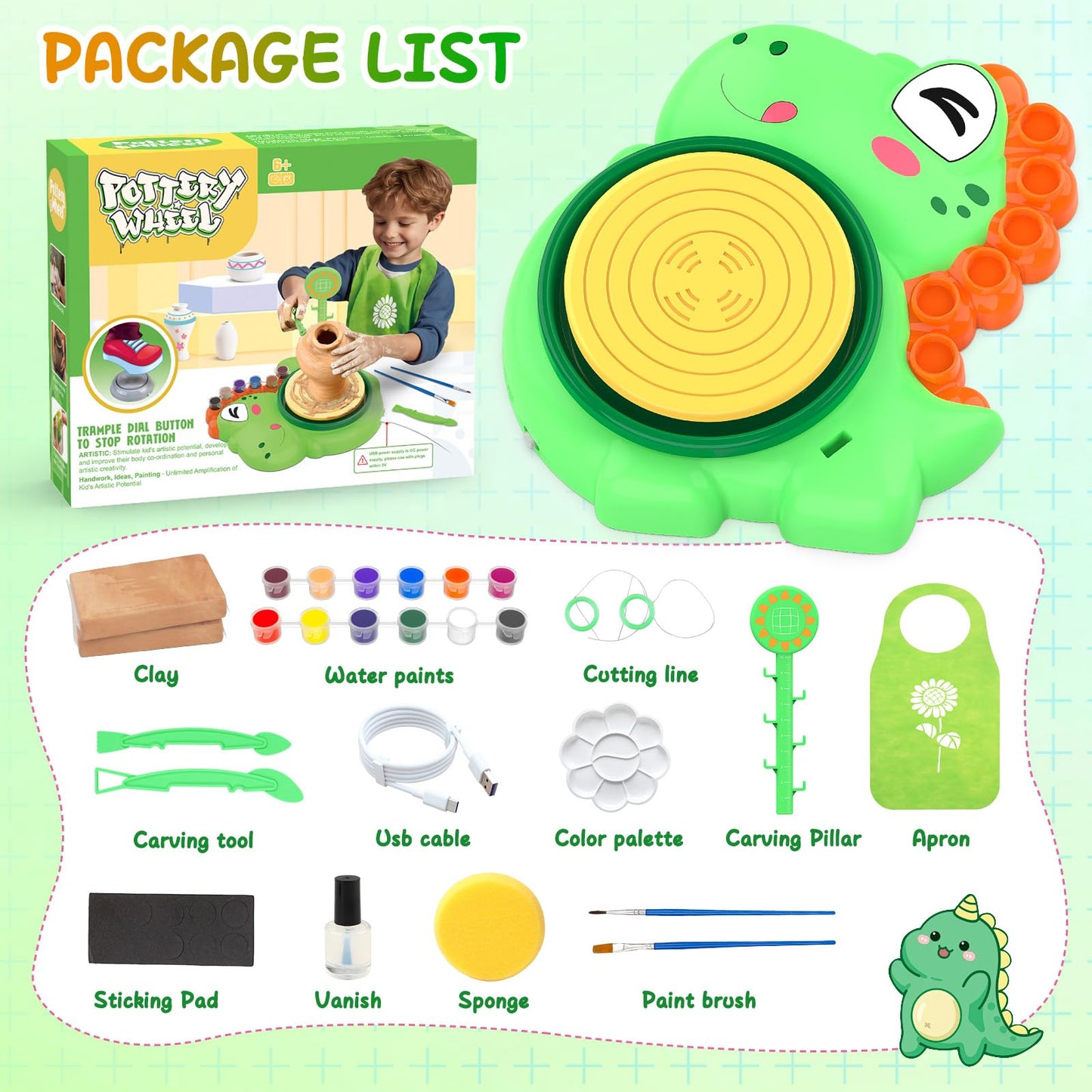 Pottery Wheel for Kids, Complete Pottery Painting Craft Kit, Arts and Crafts for Kids Ages 8-12, Art Supplies for Kids Toys Boys Birthday Christmas Gift for 6 7 8 9 10 11 12 13 Year Old, Green