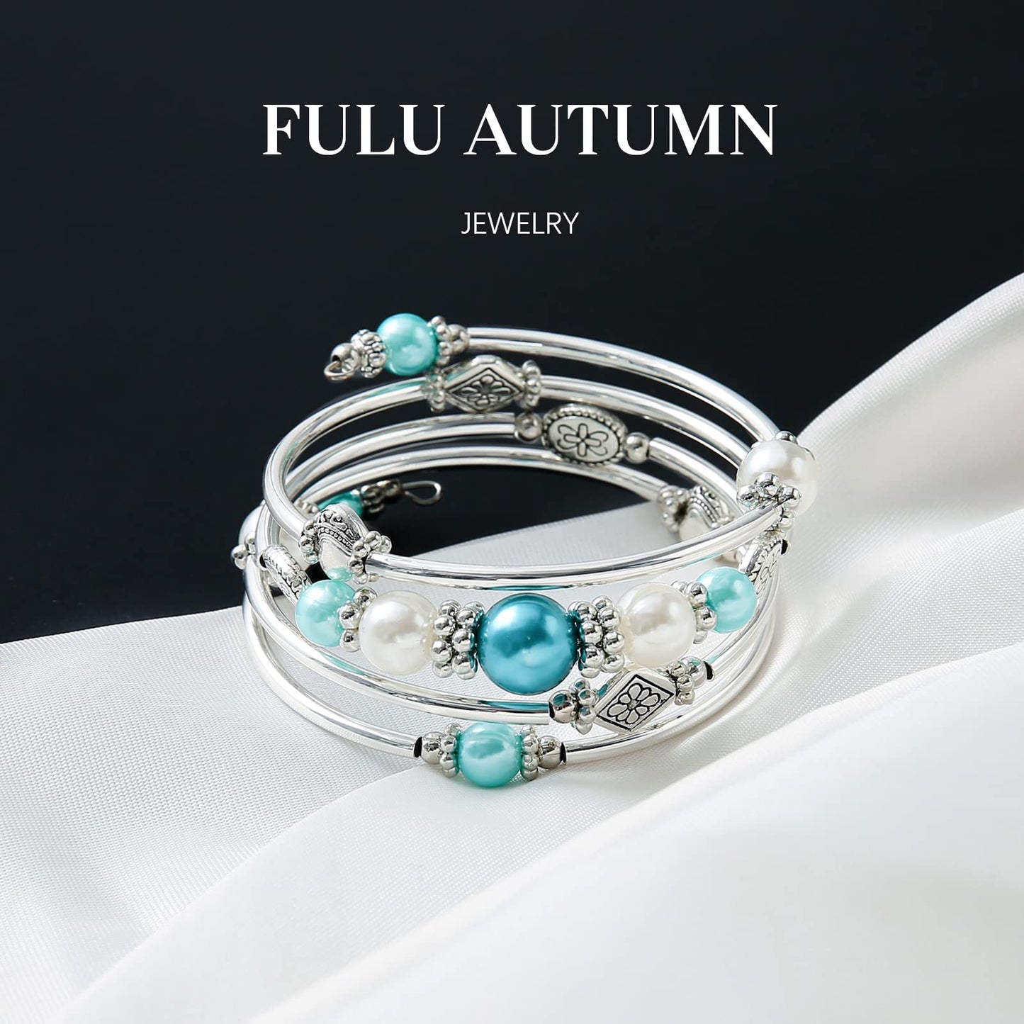 FULU AUTUMN Beaded Pearl Bangle Bracelets for Women Silver Wrap Bangles Bracelet Womens Costume Jewelry Fashion Gift(18-Sea green)