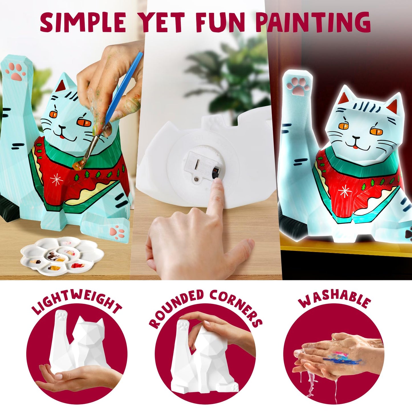 Goody King Paint Your Own Cat Lamp Art Kit, 3PCS DIY Night Light, Arts & Crafts for Kids Ages 8-12, Painting Kit for Girls Boys Age 4 5 6 7 8+, Art Supplies Cat Craft Birthday Gifts for Kids Ages 3+