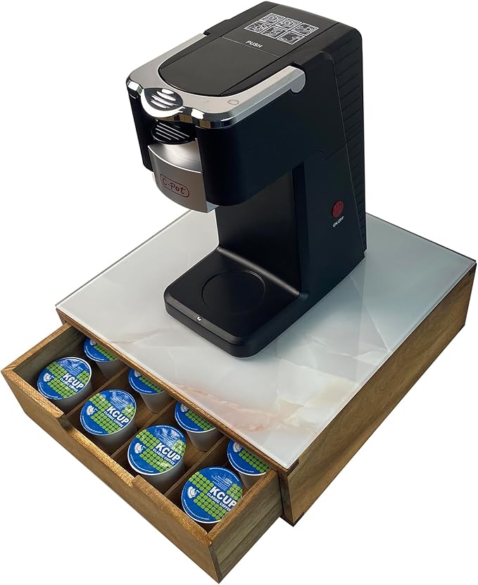 Tempered Glass and Natural Wood Coffee Pod Drawer Organizer - 20 Capsule Multifunctional K Cup Storage | Countertop Coffee Station Organizer for Home/Office (White)