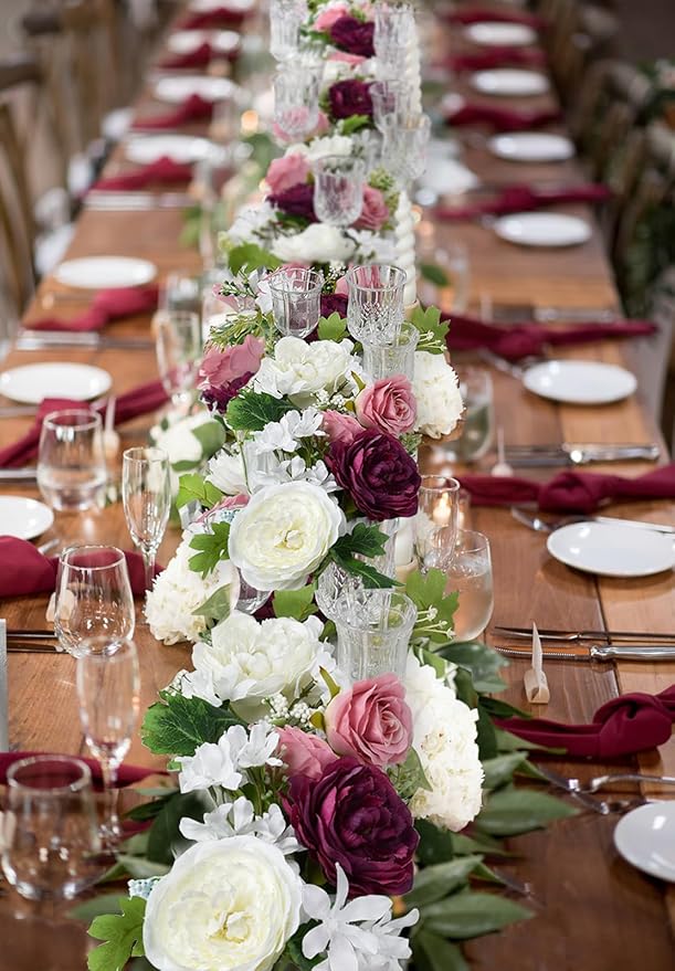 2 Pack Artificial Peony Garland - 6ft Silk Flower Vine Purple and White Roses for Wedding Arch Party Table Decor