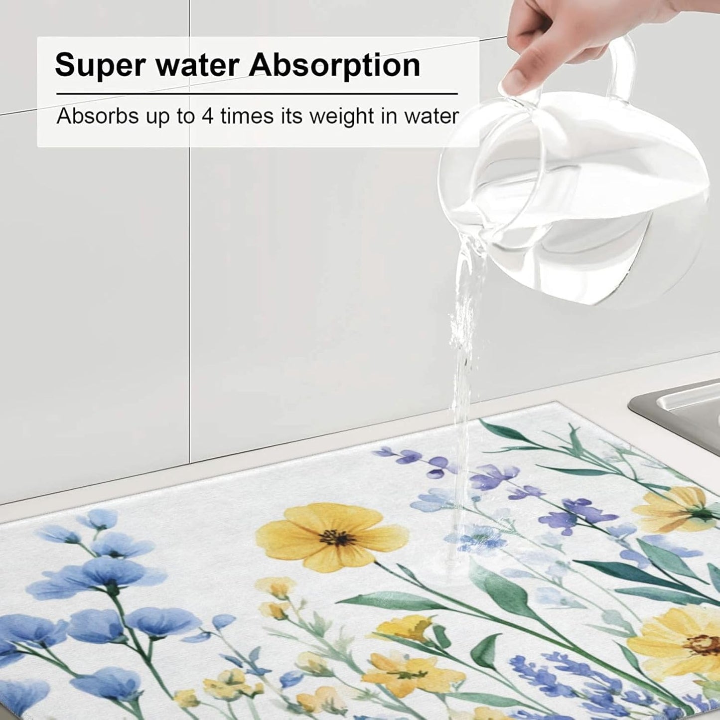 Dish Drying Mat for Kitchen Botanical Flower Watercolor Floral Counter Absorbent Dishes Drainer Microfiber Large 18x24 Inch