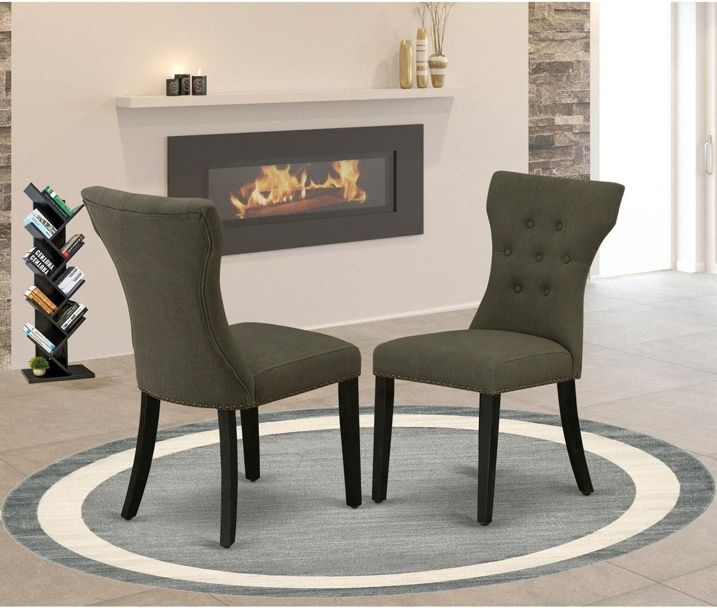 East West Furniture GAP6T50 Gallatin Parson Chairs - Button Tufted Nailhead Trim Dark Gotham Linen Fabric Upholstered Dining Chairs, Set of 2, Wirebrushed Black