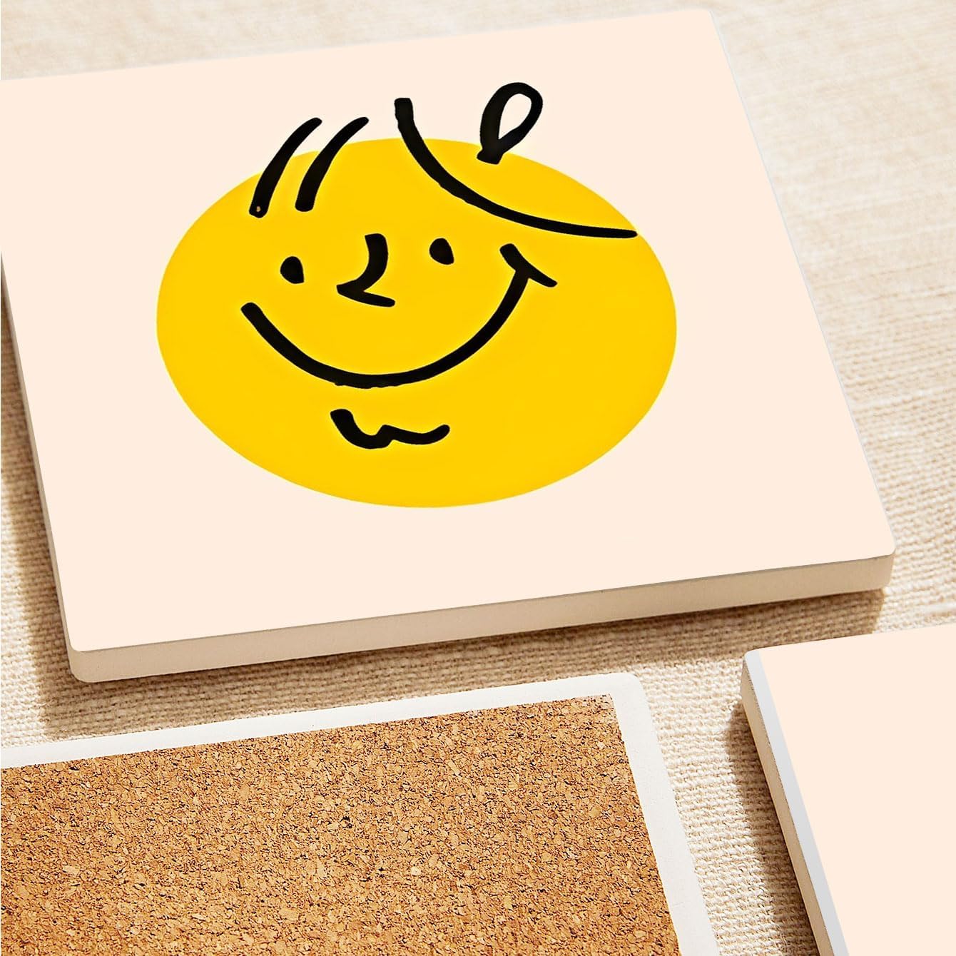 MAYCARI Cartoon Colorful Face Coasters Set of 6 Cork Backed Cute Coasters with Metal Holder Original Ceramic Surface Drink Cup Mats for Tabletop Protection Modern Desk Decoration Birthday Gifts