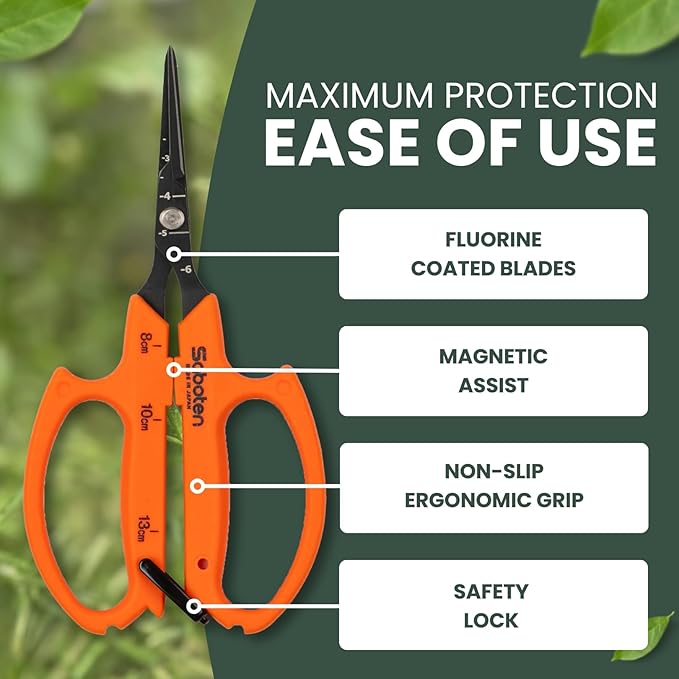 Saboten 6.3" Japanese Harvesting Shears, Magnetic Springless Assist, Fine-Tip Angled Blade, Fluorine-Coated Stainless Steel, Ergonomic Non-Slip Grip, Safety Lock, Made in Japan
