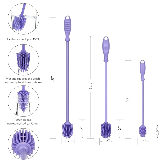 A-Brush Silicone Bottle Cleaner Brush, 3 Piece Set, Long Handle - Water Bottle Cleaner, Baby Bottle Nipple Brush for Plastic & Glass, BPA-Free Dish Washing Brush A2S Protection