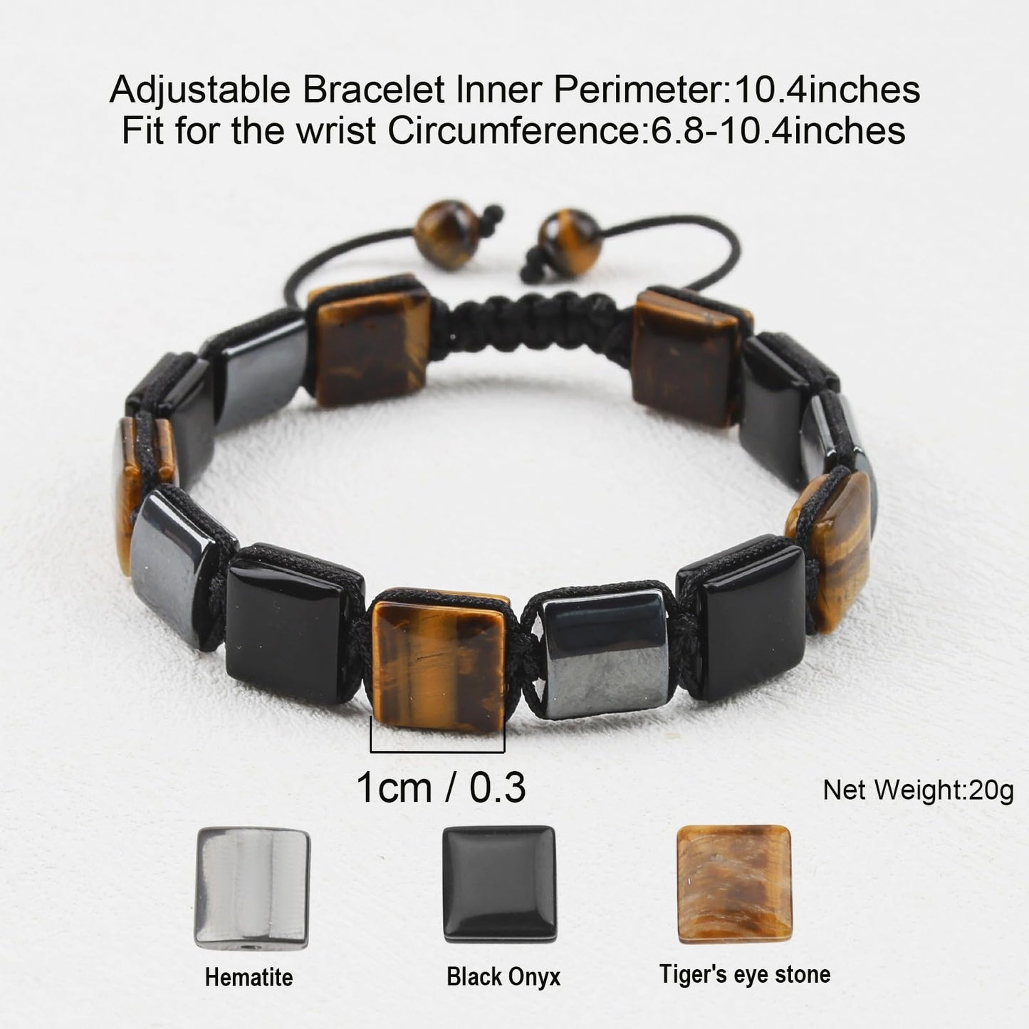 BOPOW Triple Protection Unisex Adjustable Bracelet - Handmade with Authentic Tiger Eye, Obsidian & Hematite - Square Healing Crystal Bead Bracelet